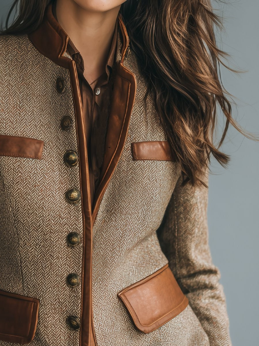 Women's brown herringbone fitted blazer with band collar and contrast pockets