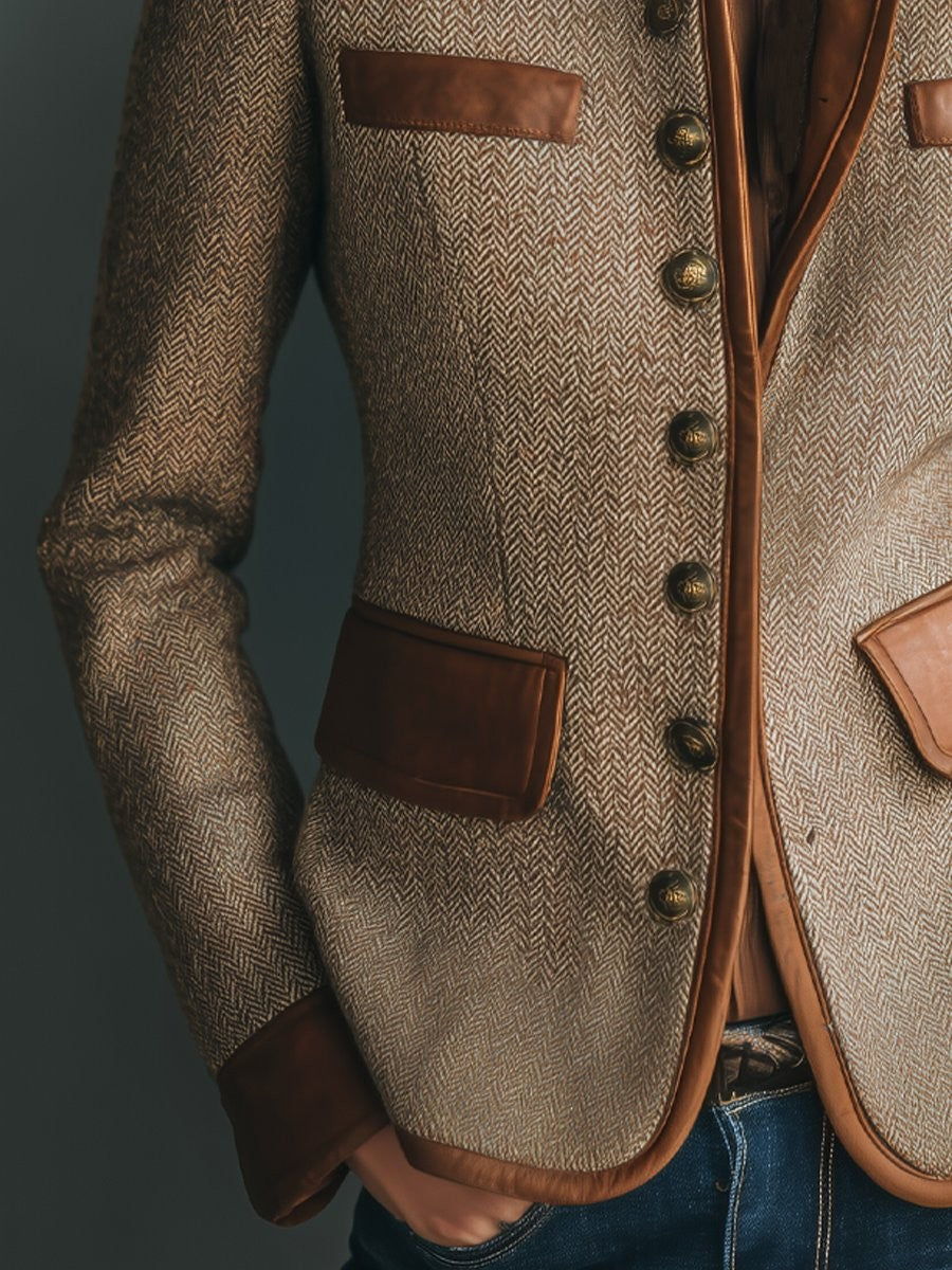 Women's brown herringbone fitted blazer with band collar and contrast pockets