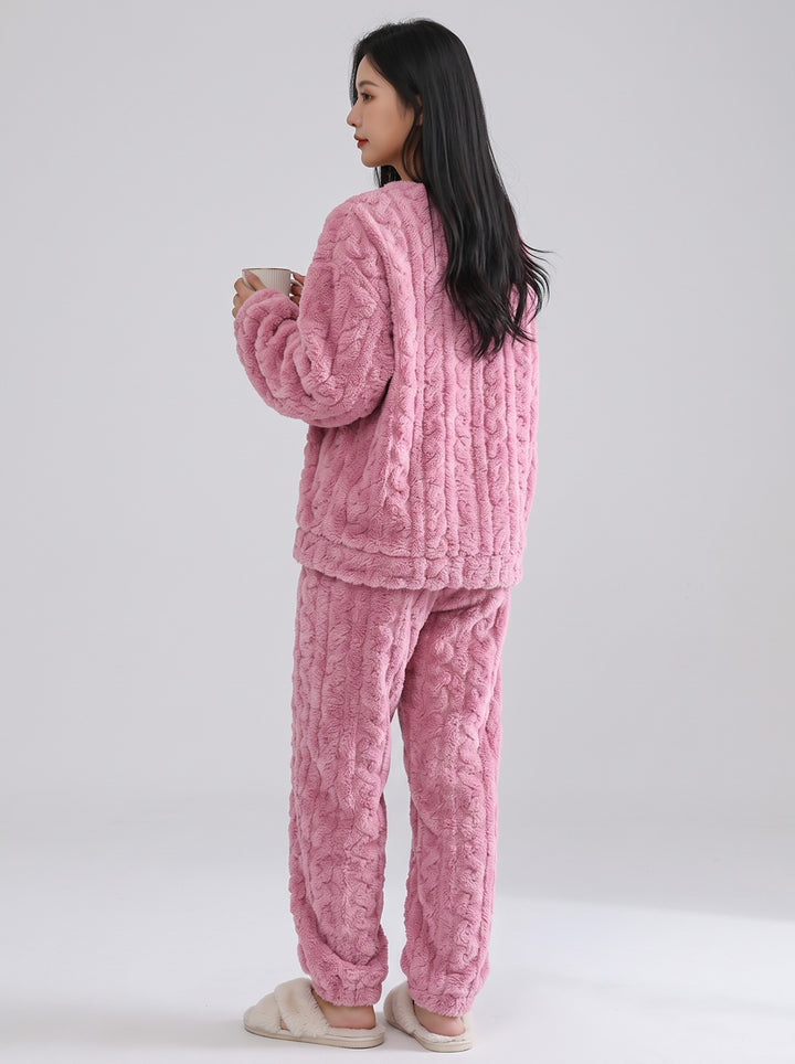 Women's Cable-Texture Fleece Pyjama Set in pink