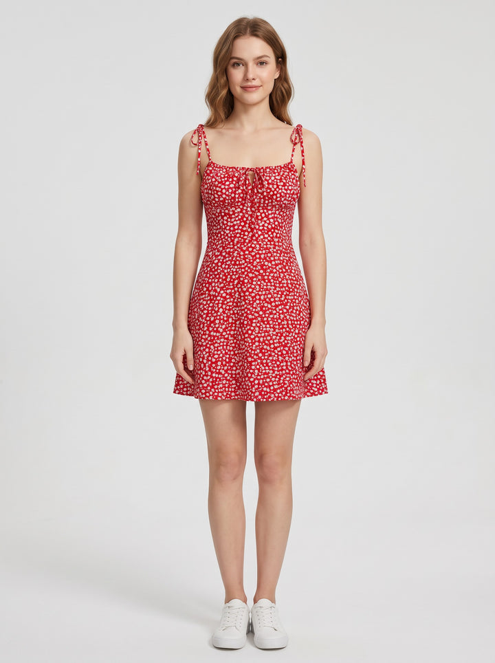 Women's Ditsy Floral Tie-Strap Mini Dress in red floral