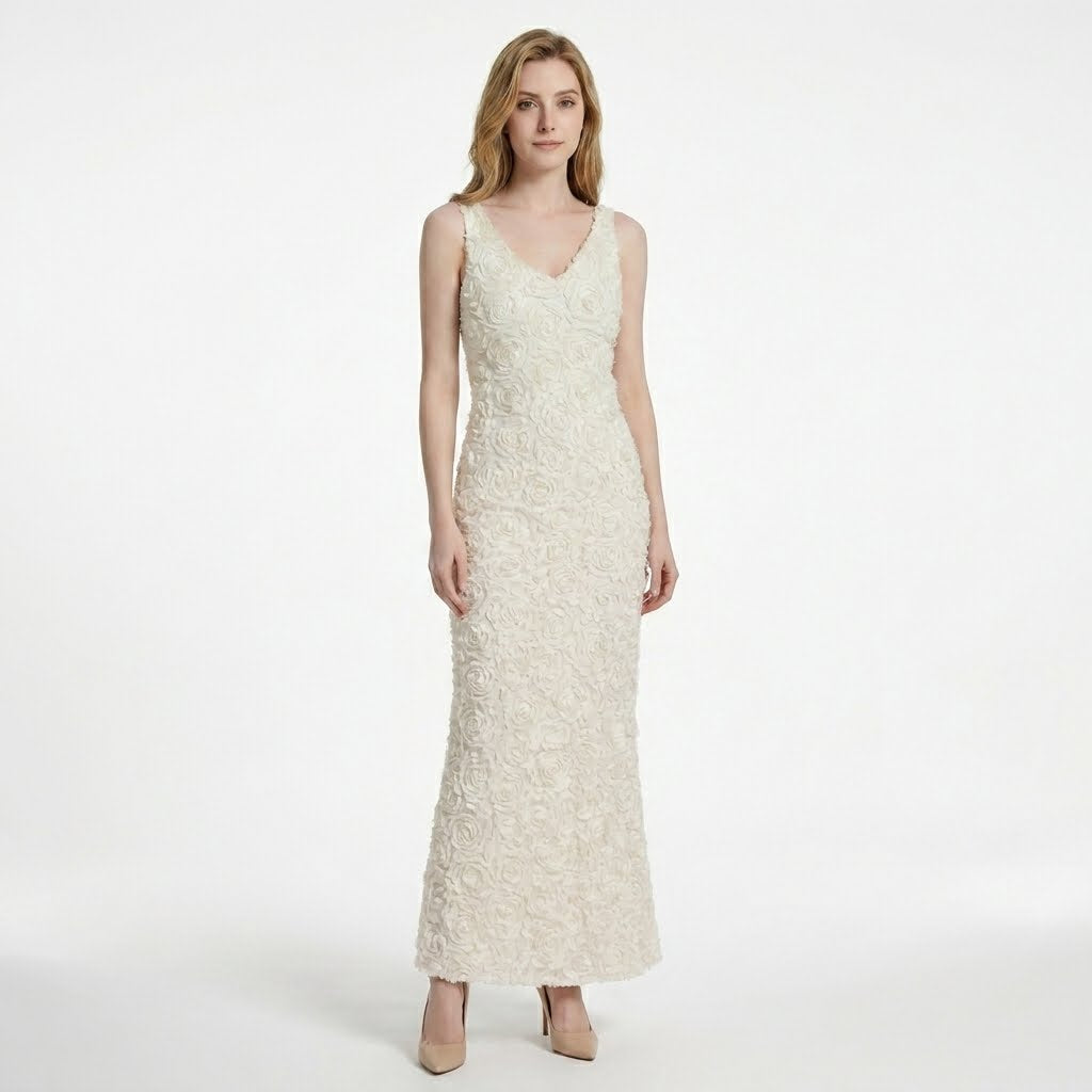 Textured floral sleeveless dress with V-neckline in short and long lengths
