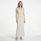 Textured floral sleeveless dress with V-neckline in short and long lengths