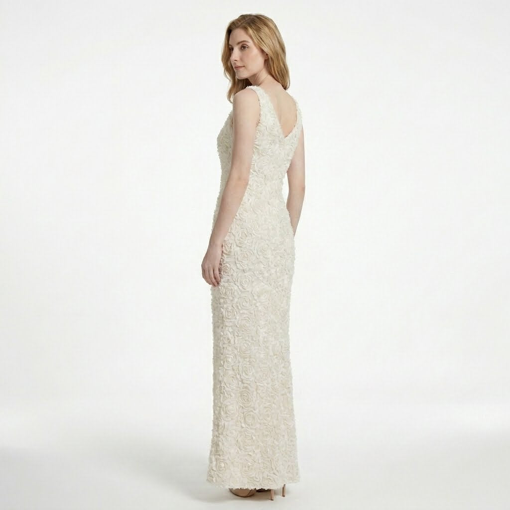 Textured floral sleeveless dress with V-neckline in short and long lengths