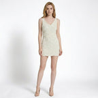 Textured floral sleeveless dress with V-neckline in short and long lengths