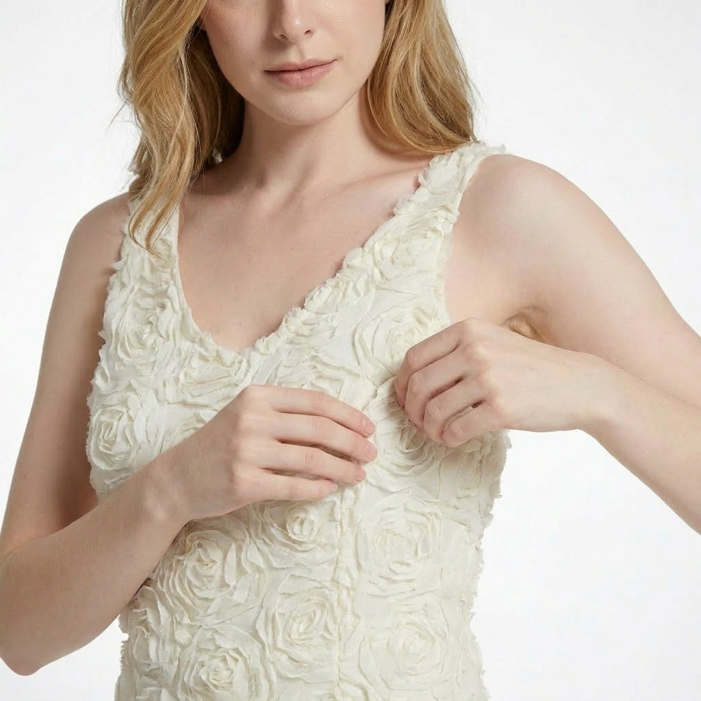 Textured floral sleeveless dress with V-neckline in short and long lengths
