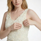 Textured floral sleeveless dress with V-neckline in short and long lengths