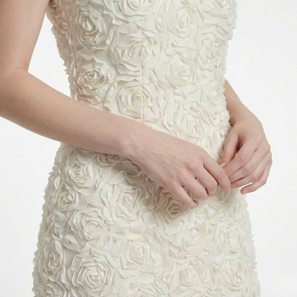 Textured floral sleeveless dress with V-neckline in short and long lengths