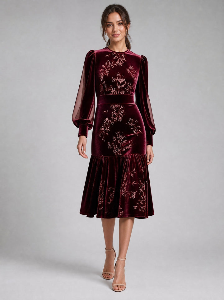 Women's Floral Velvet Midi Dress in burgundy