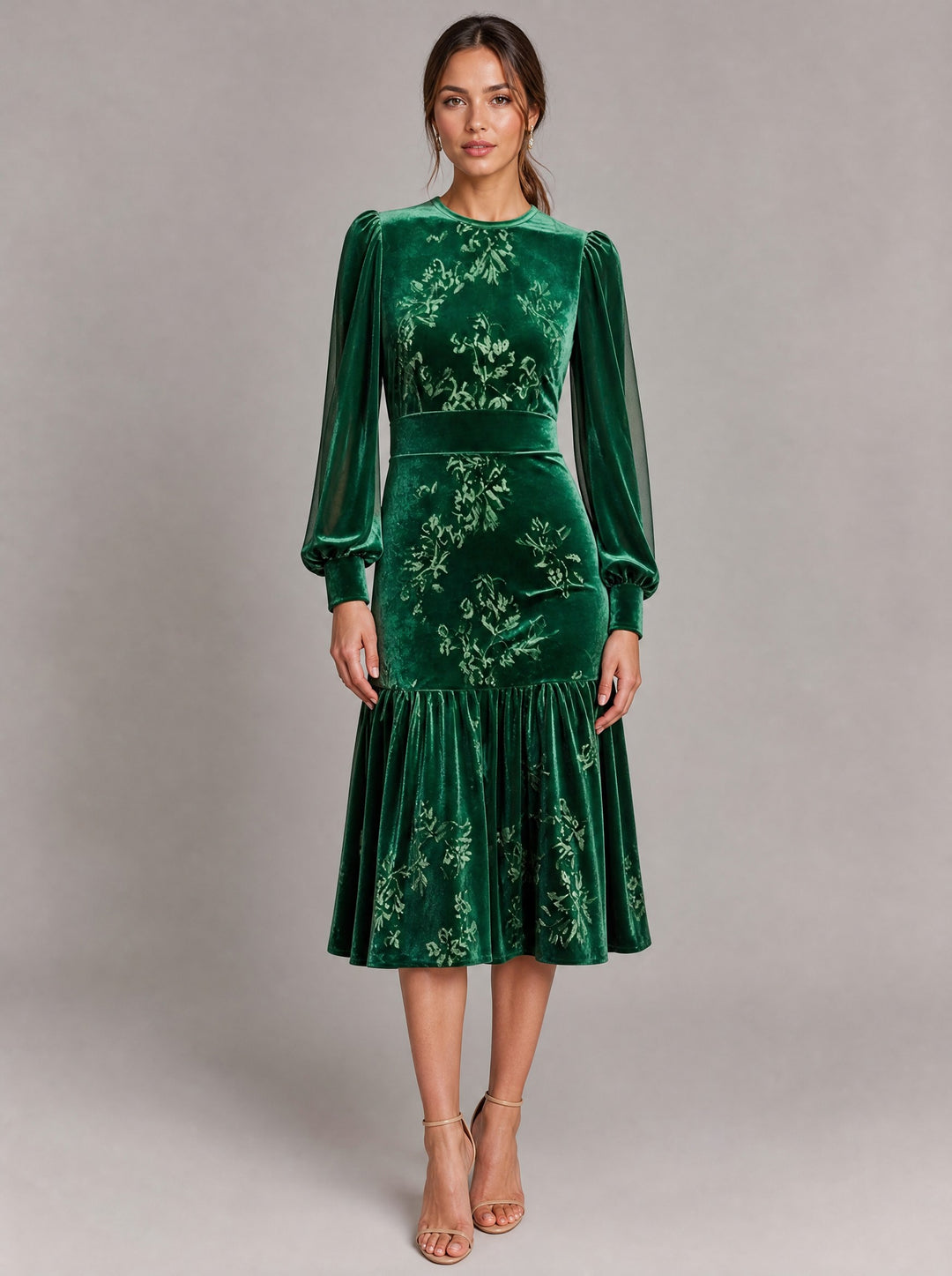 Women's Floral Velvet Midi Dress in green