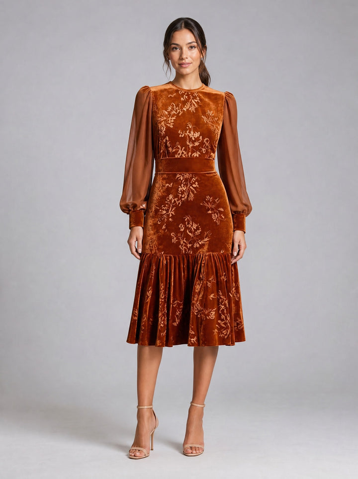 Women's Floral Velvet Midi Dress in rust