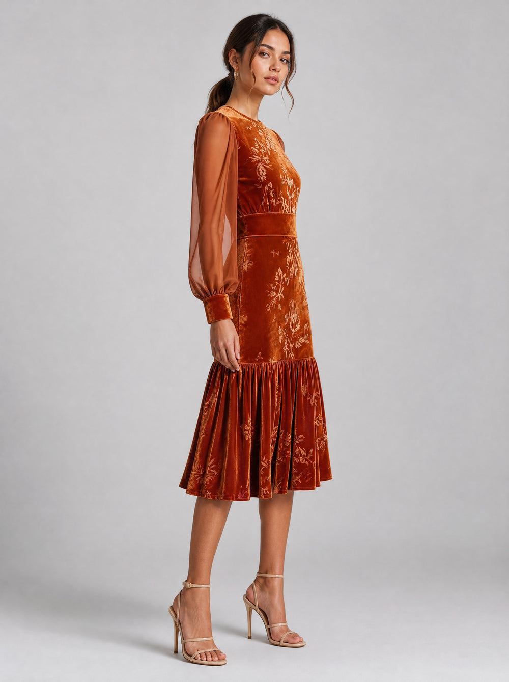 Women's Floral Velvet Midi Dress in rust