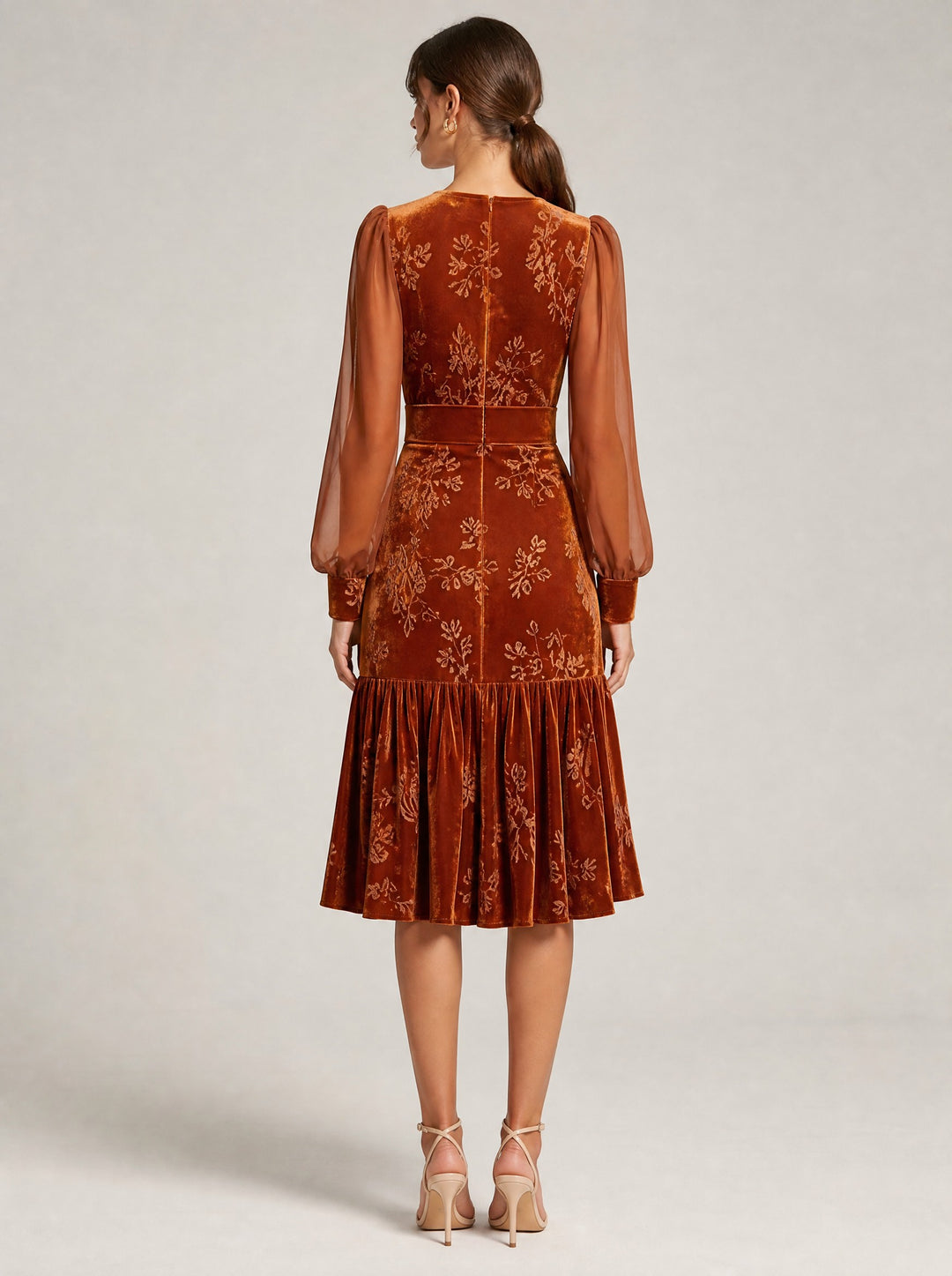 Women's Floral Velvet Midi Dress in rust