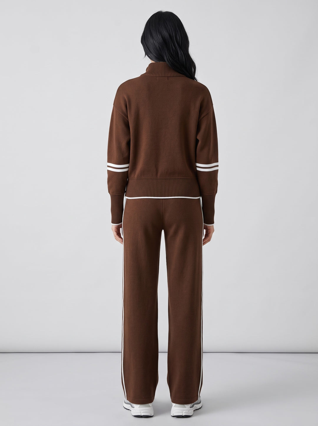 Women's Half-Zip Lounge Set with Contrast Piping in dark brown