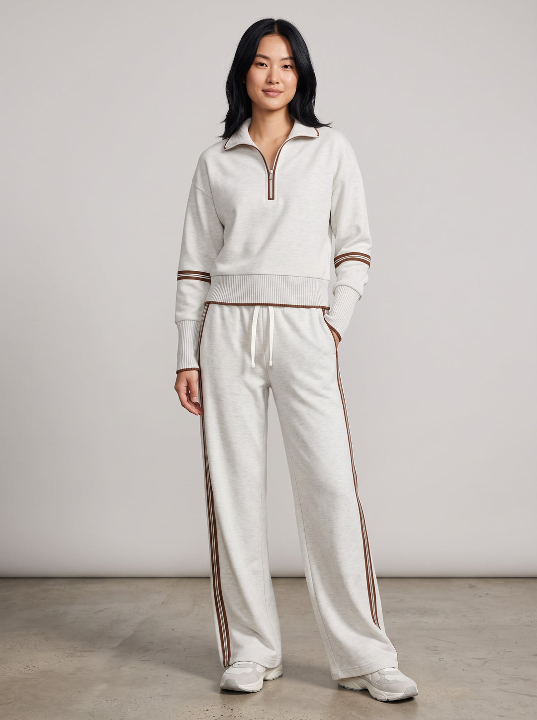 Women's Half-Zip Lounge Set with Contrast Piping in light grey