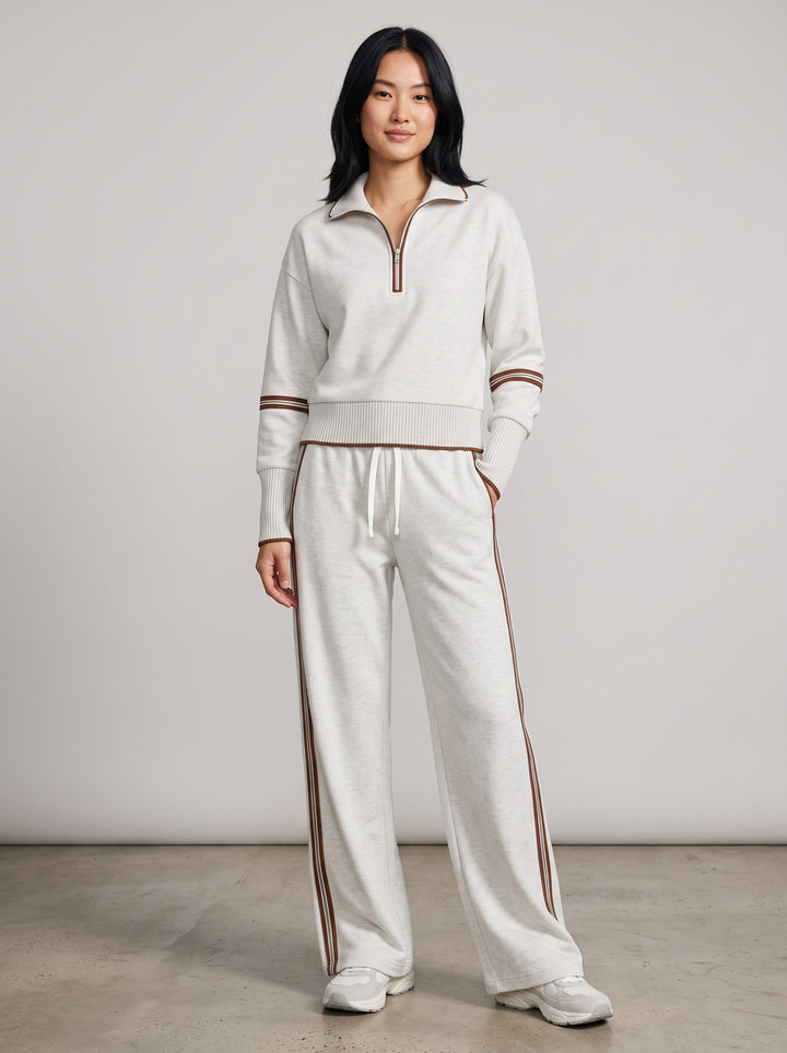 Women's Half-Zip Lounge Set with Contrast Piping in light grey