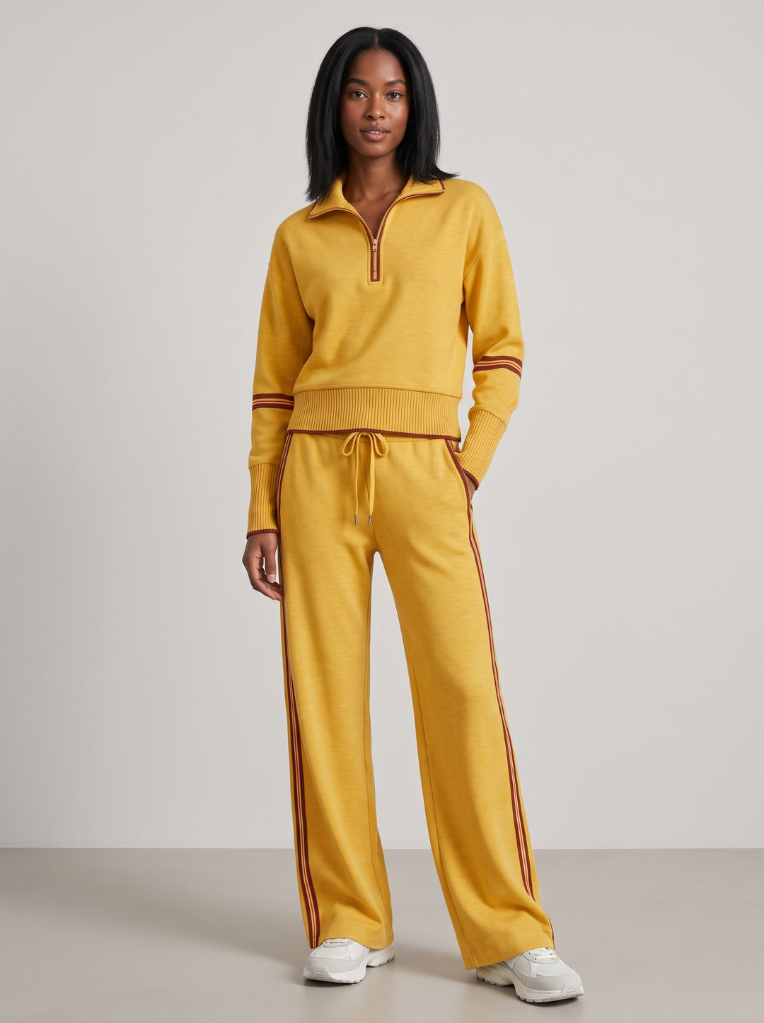 Women's Half-Zip Lounge Set with Contrast Piping in mustard yellow