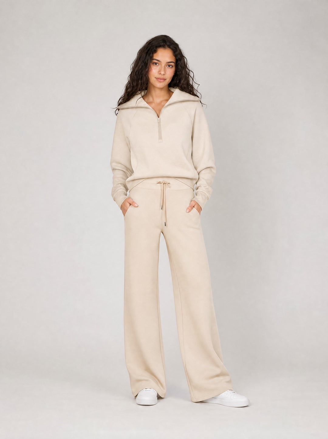 Women's Half-Zip Wide Leg Lounge Set in beige