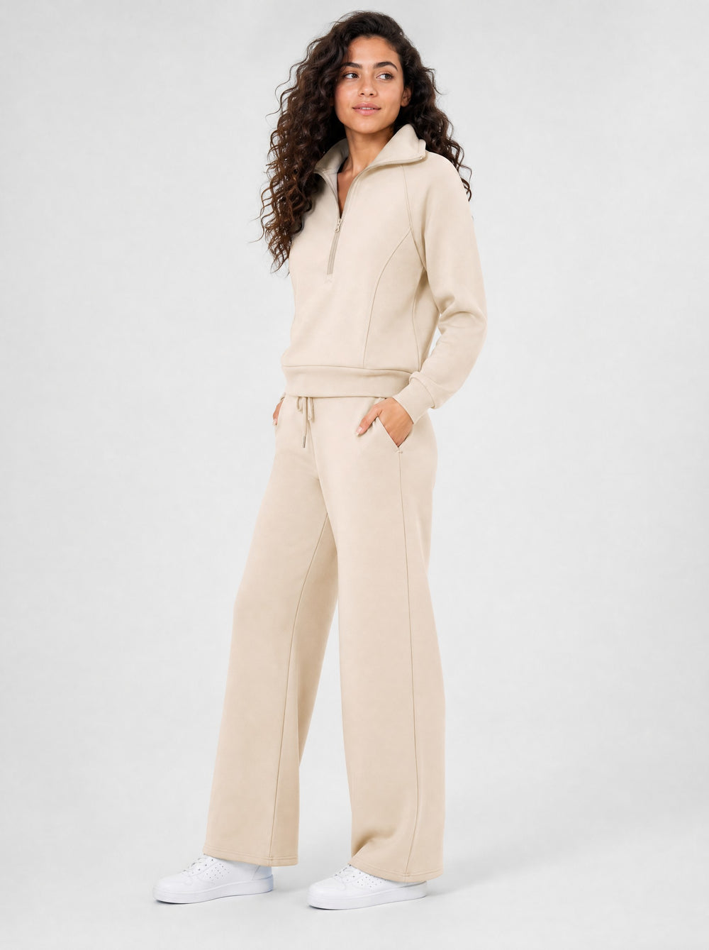 Women's Half-Zip Wide Leg Lounge Set in beige