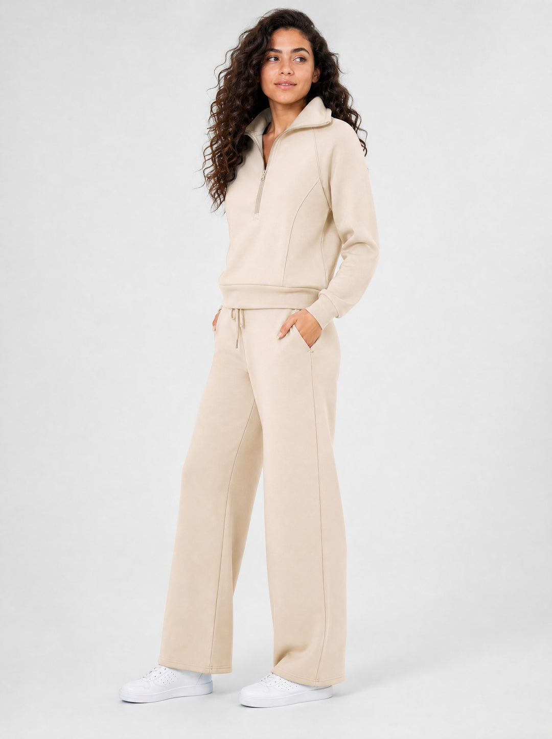 Women's Half-Zip Wide Leg Lounge Set in beige