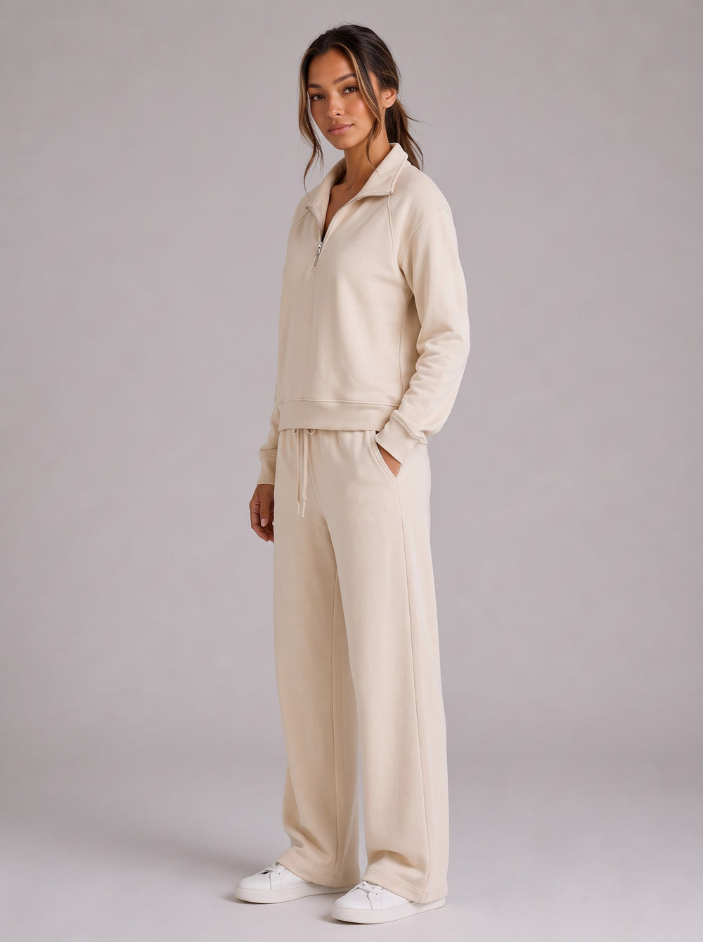Women's Relaxed Half-Zip Tracksuit Co-Ord in cream