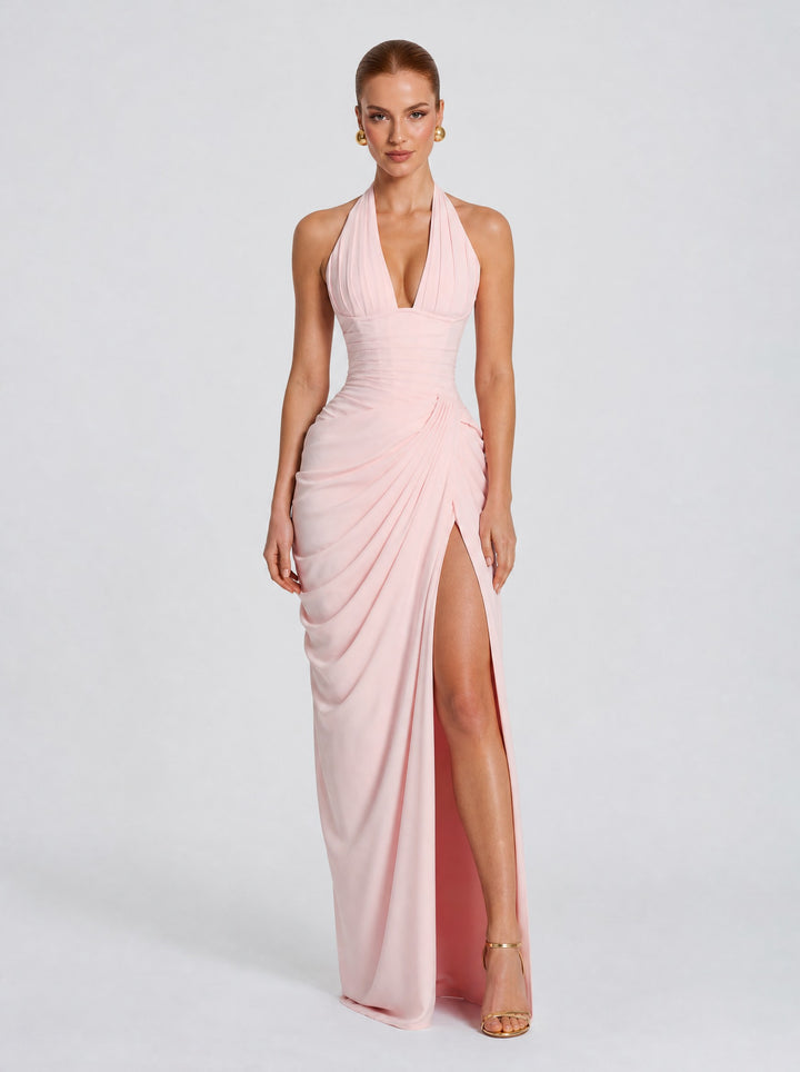 Women's Halter Corset Maxi Dress in blush pink