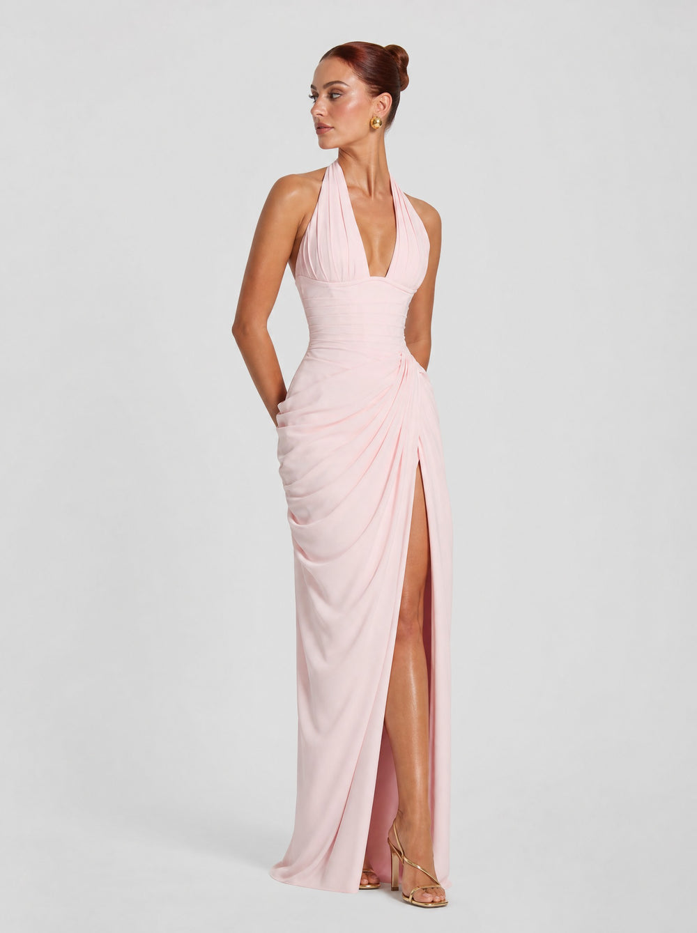 Women's Halter Corset Maxi Dress in blush pink