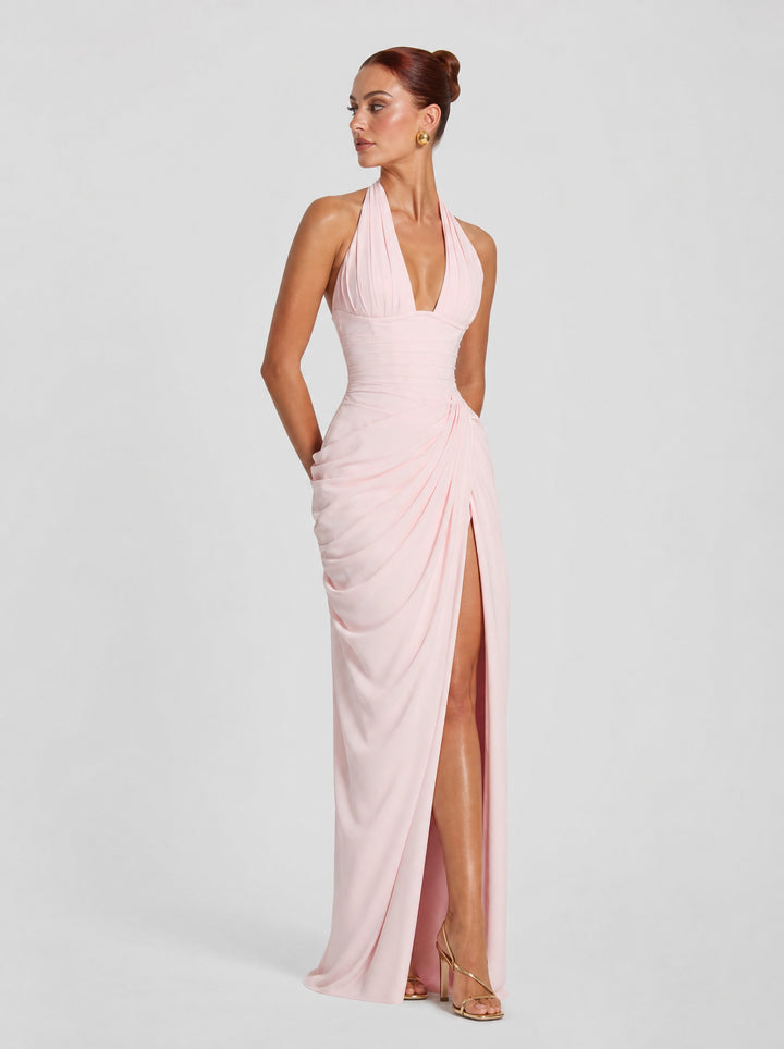 Women's Halter Corset Maxi Dress in blush pink