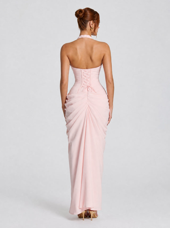 Women's Halter Corset Maxi Dress in blush pink