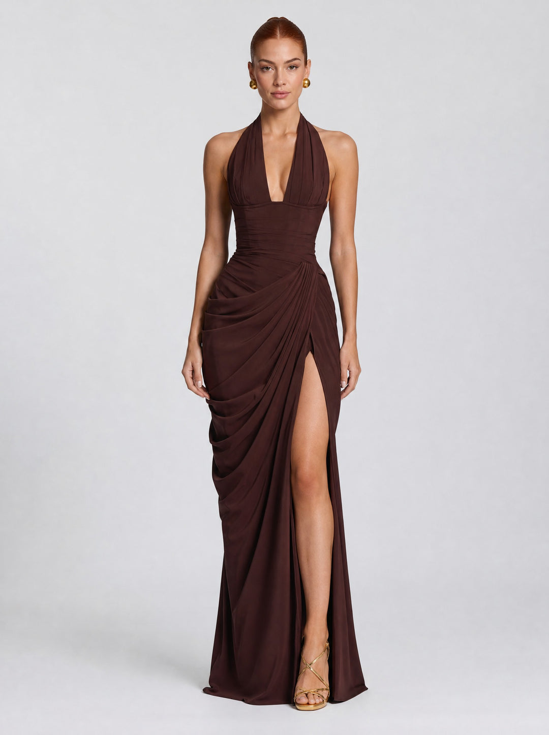 Women's Halter Corset Maxi Dress in chocolate brown