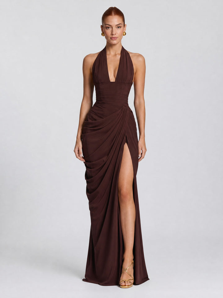 Women's Halter Corset Maxi Dress in chocolate brown
