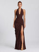 Women's Halter Corset Maxi Dress in chocolate brown