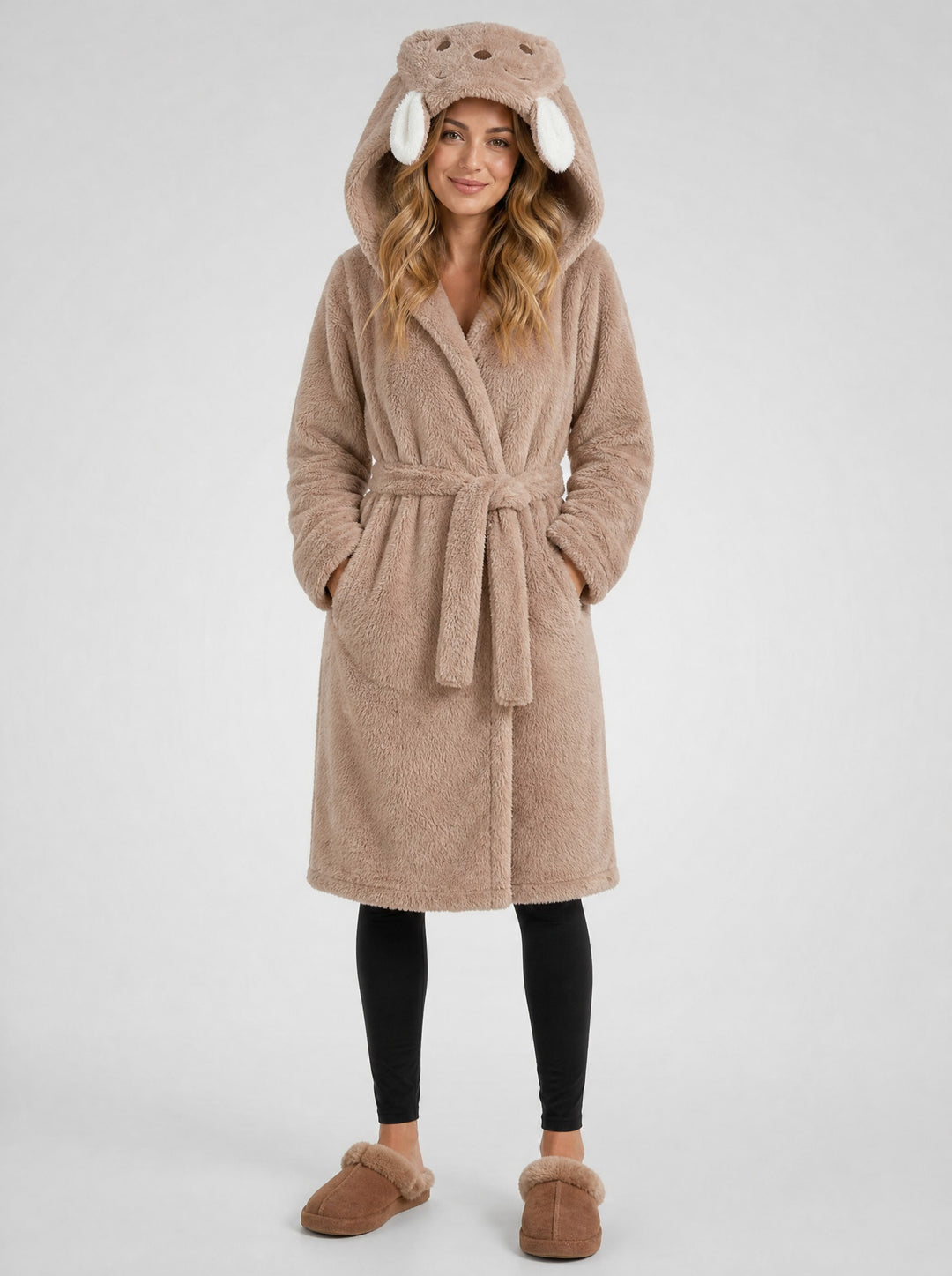 Women's Fluffy Hooded Dressing Gown in beige