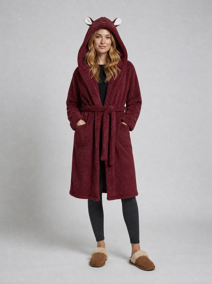 Women's Fluffy Hooded Dressing Gown in burgundy