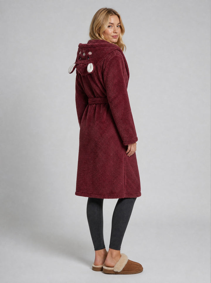 Women's Fluffy Hooded Dressing Gown in burgundy