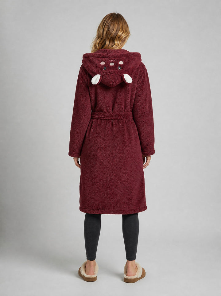 Women's Fluffy Hooded Dressing Gown in burgundy