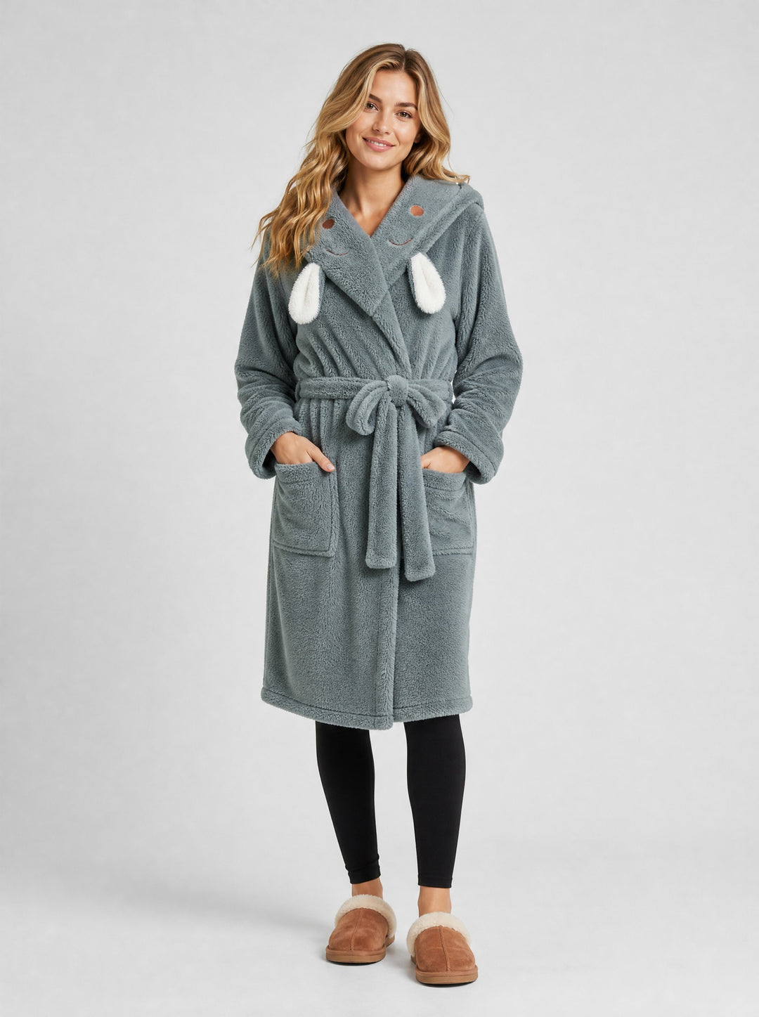 Women's Fluffy Hooded Dressing Gown in sage