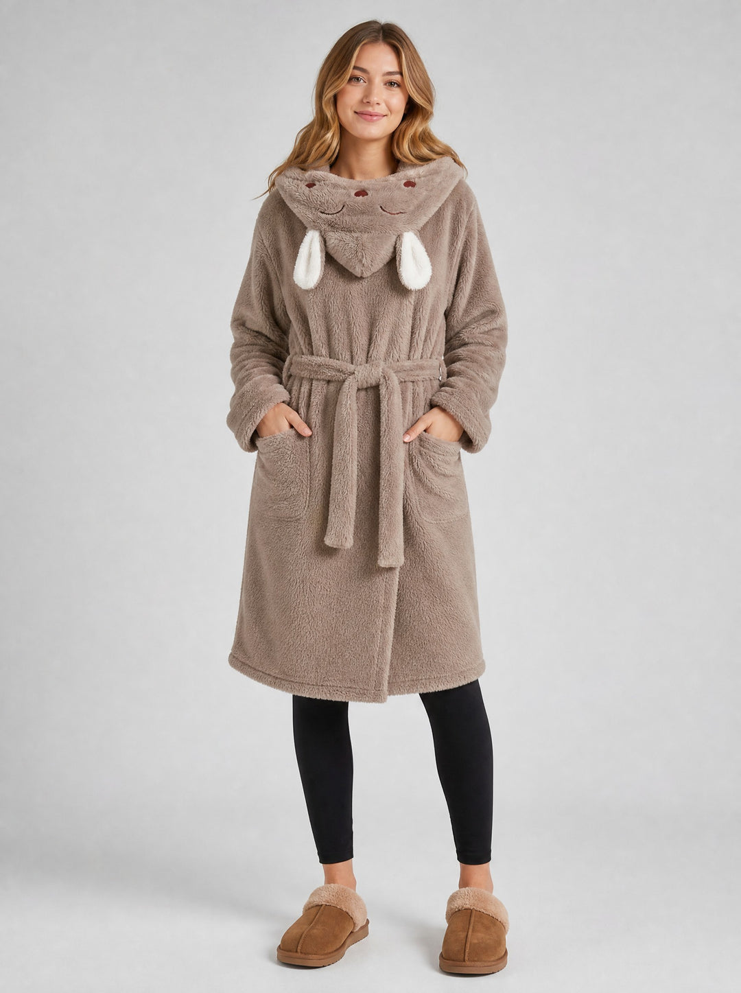 Women's Fluffy Hooded Dressing Gown in taupe