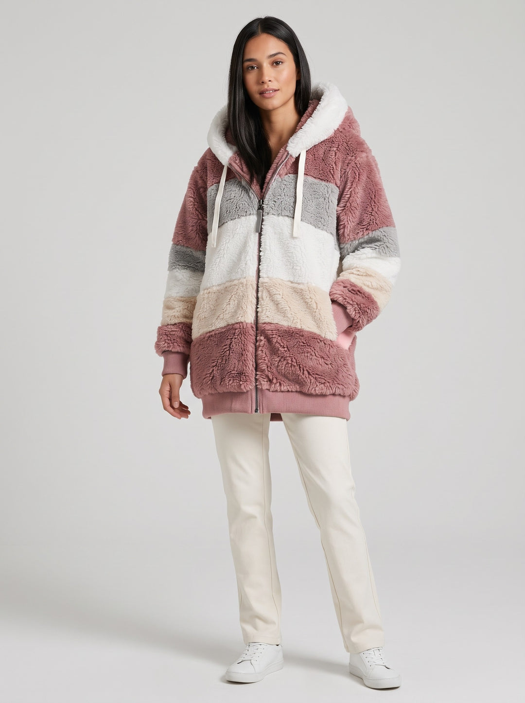 Women's Patchwork Teddy Fleece Jacket in rose