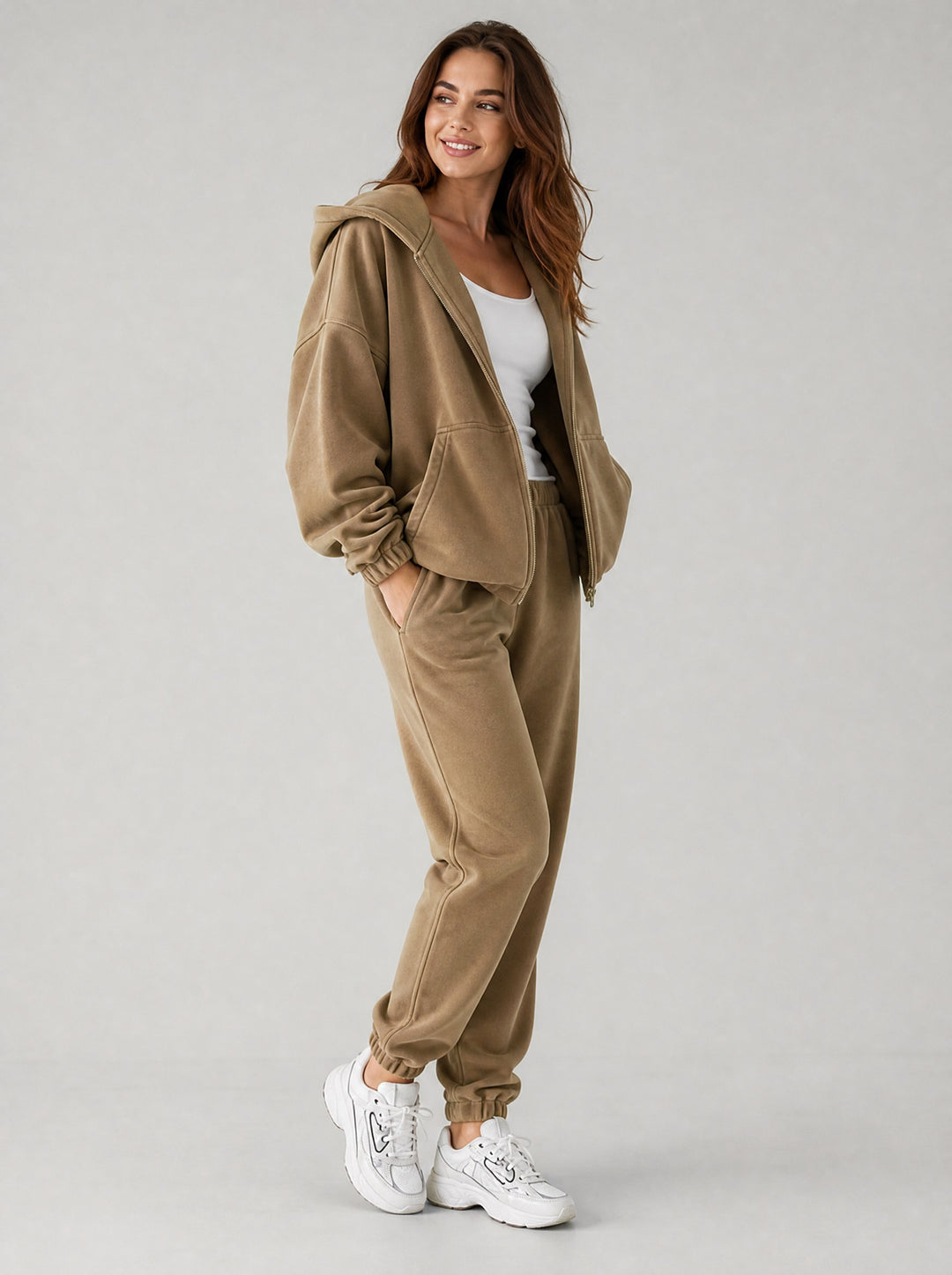 Women's Oversized Hooded Tracksuit Set in brown