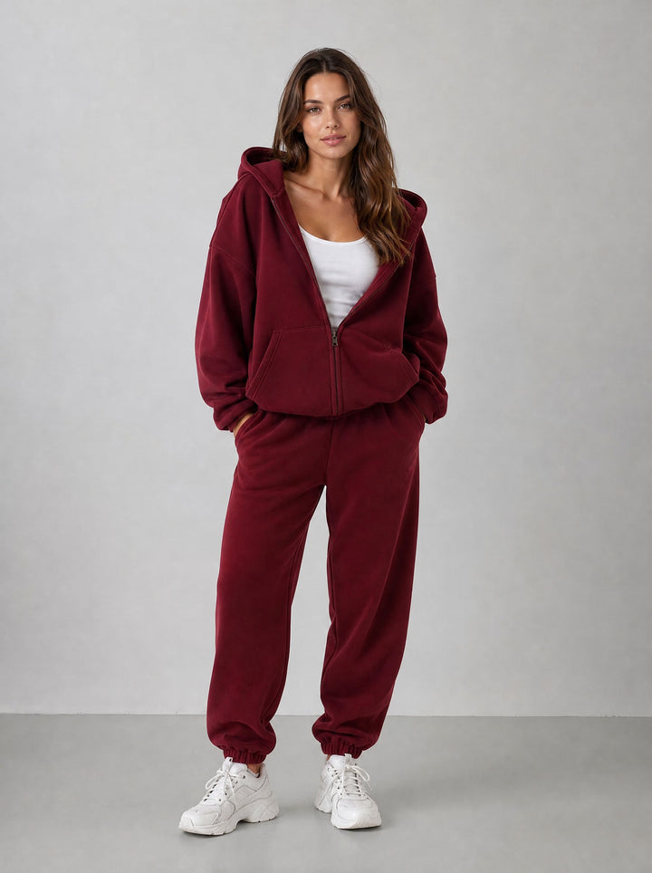 Women's Oversized Hooded Tracksuit Set in burgundy