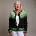 Women's black knitted cardigan with green and white Fair Isle patterning and button front