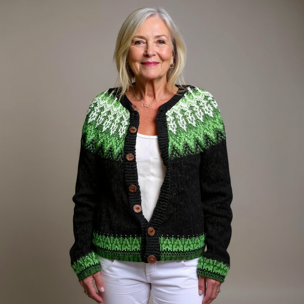 Women's black knitted cardigan with green and white Fair Isle patterning and button front