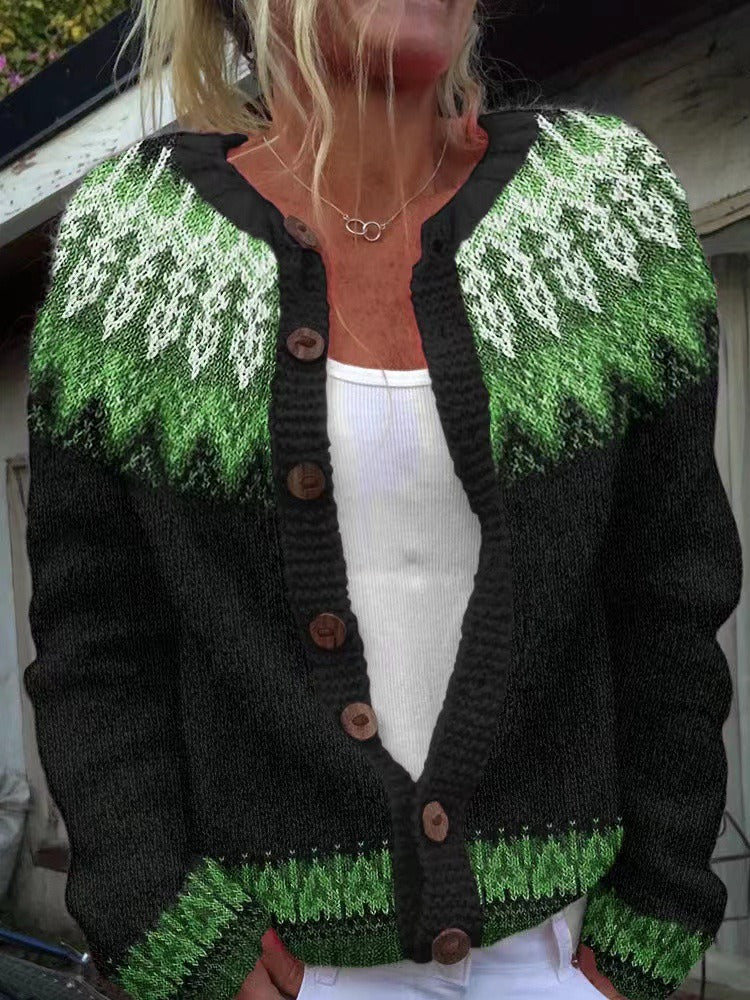 Women's black knitted cardigan with green and white Fair Isle patterning and button front