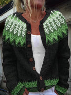 Women's black knitted cardigan with green and white Fair Isle patterning and button front