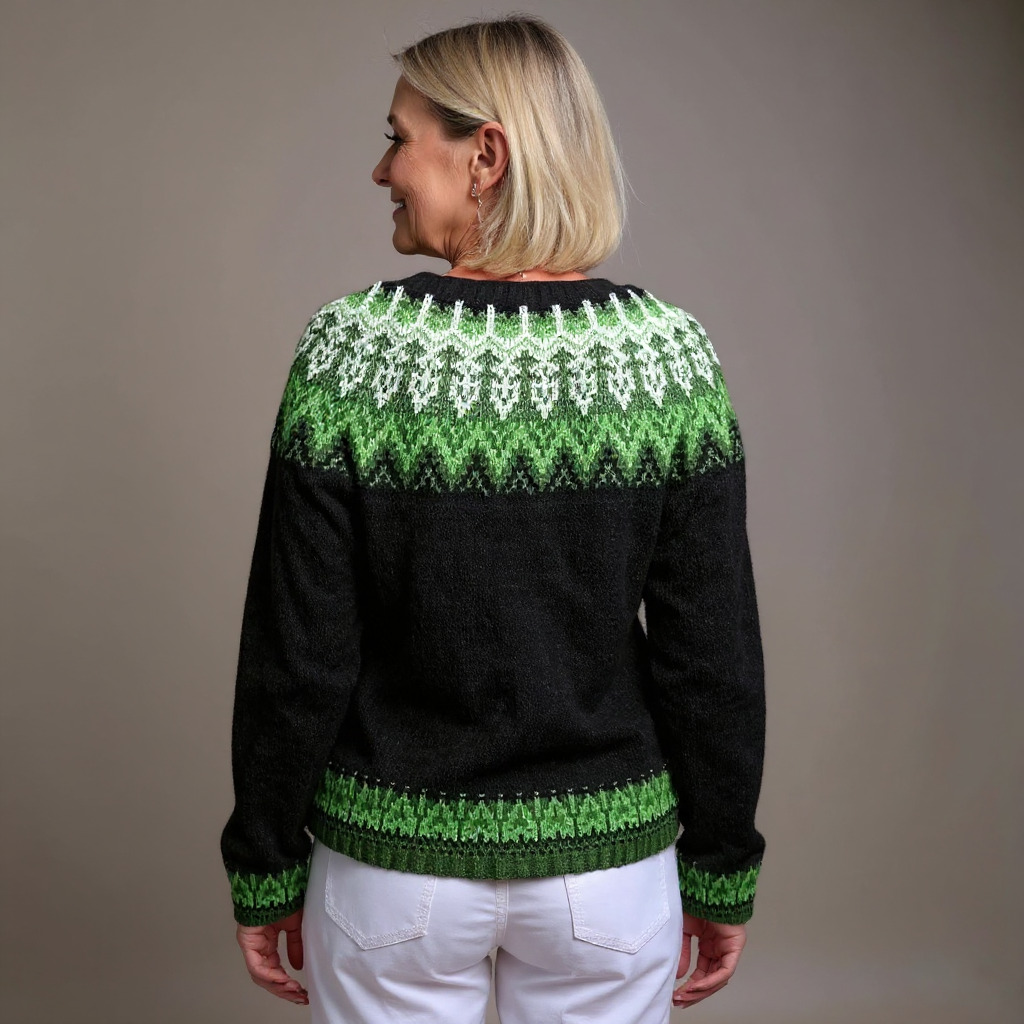 Women's black knitted cardigan with green and white Fair Isle patterning and button front