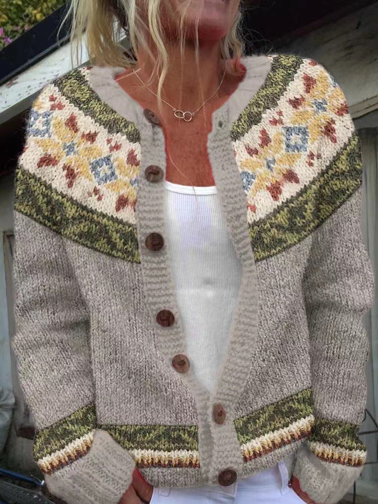 Women's knitted Fair Isle cardigan with button front and patterned yoke