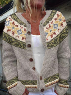Women's knitted Fair Isle cardigan with button front and patterned yoke