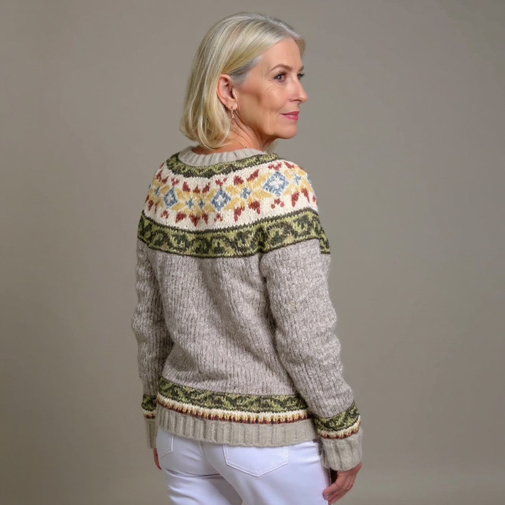 Women's knitted Fair Isle cardigan with button front and patterned yoke