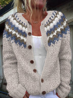 Women's Fair Isle knit cardigan with blue patterned yoke and button front