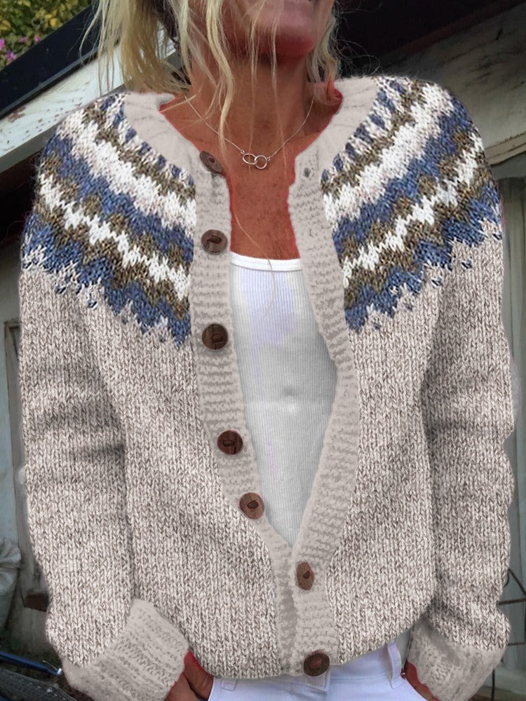 Women's Fair Isle knit cardigan with blue patterned yoke and button front